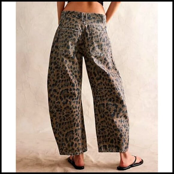 Wide Leg Barrel Jeans Animal Print Y2K Boyfriend Fit Relaxed Denim Pants - Picture 4 of 5